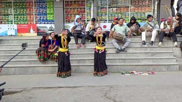 Traditional Nepalese Folk Dance and Music Performance on Outdoor Steps
