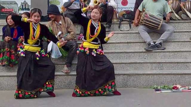 Traditional Nepali Folk Dance Performance on Outdoor Steps in Kathmandu