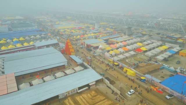 Aerial View of Kumbh Mela Festival Tents and Bridge in Prayagraj