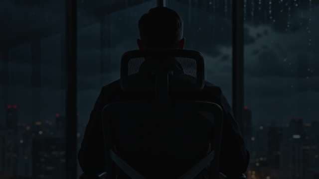 Silhouette of Businessman Looking at Rainy Night Cityscape