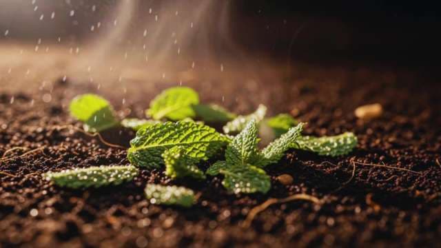 Fresh Green Mint Leaves Misted with Water on Rich Soil
