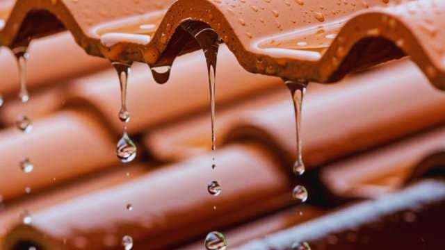 Raindrops Dripping From Orange Terracotta Roof Tiles