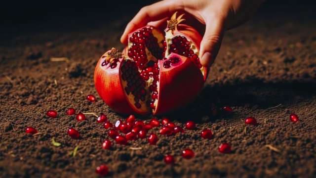 Hand Opening Fresh Red Pomegranate Seeds Over Dark Soil
