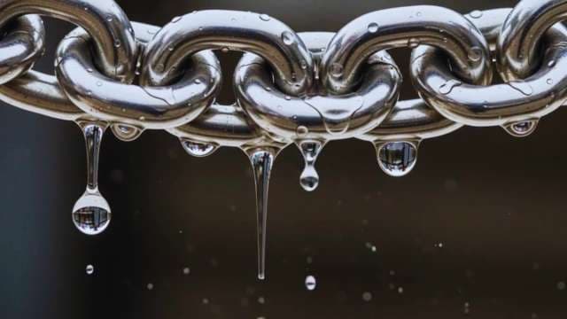 Macro Close-Up of Wet Metal Chain Links Dripping with Raindrops