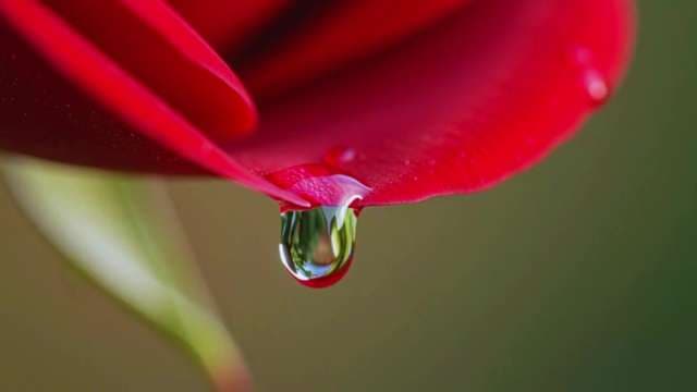 Macro Video of Dew Drop on Red Flower Petal