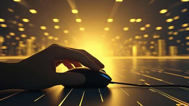 Futuristic Hand Clicking Mouse in Digital Golden Data Environment
