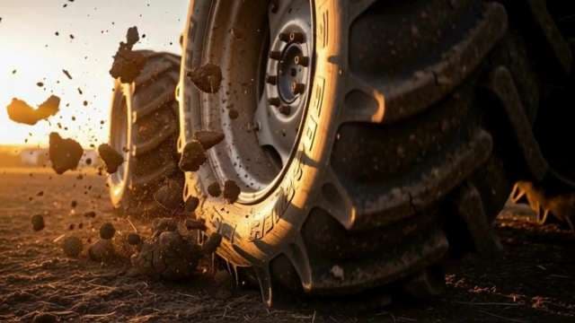Tractor Tire Spinning in Field at Sunset