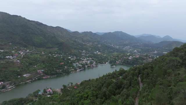 Aerial View of Bhimtal Lake and Mountain Town in Uttarakhand