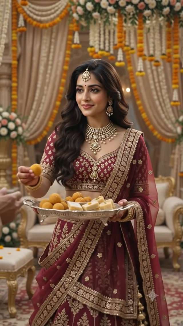 Indian Woman in Traditional Attire Serving Festive Sweets at Celebration