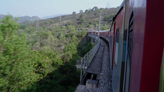 Scenic Train Journey Through Green Mountains on Elevated Bridge