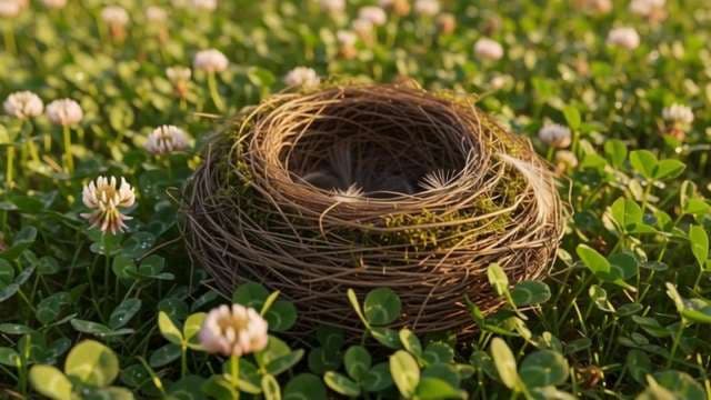 Empty bird nest in field of white clover flowers at sunset