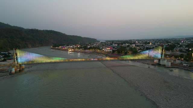 Illuminated Janki Setu Bridge Aerial View in Rishikesh at Night