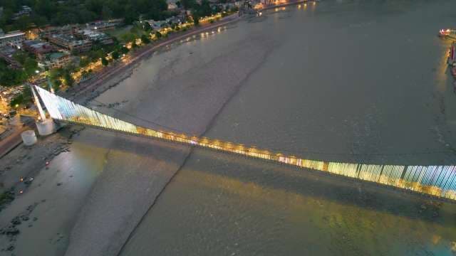 Aerial Night View of Illuminated Suspension Bridge in Rishikesh India