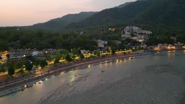 Aerial View of Rishikesh River Ghats at Twilight
