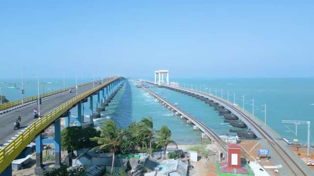 Panoramic View of Pamban Road and Railway Bridge Over Ocean