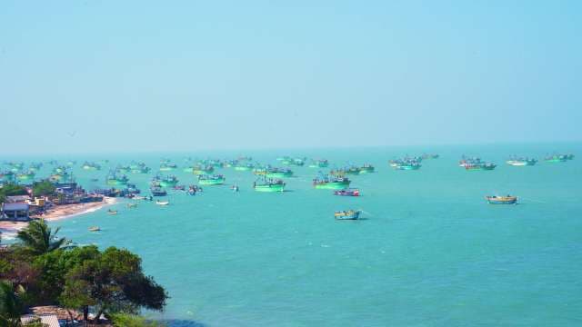 Green Fishing Boats Anchored in Calm Turquoise Tropical Waters